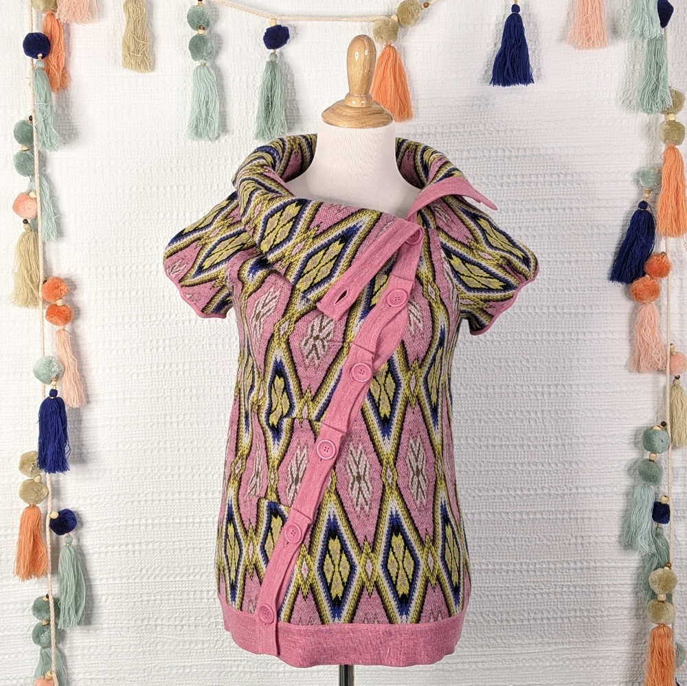 Anthropologie Pink Multicolor Patterned Short-Sleeve Cardigan Sweater